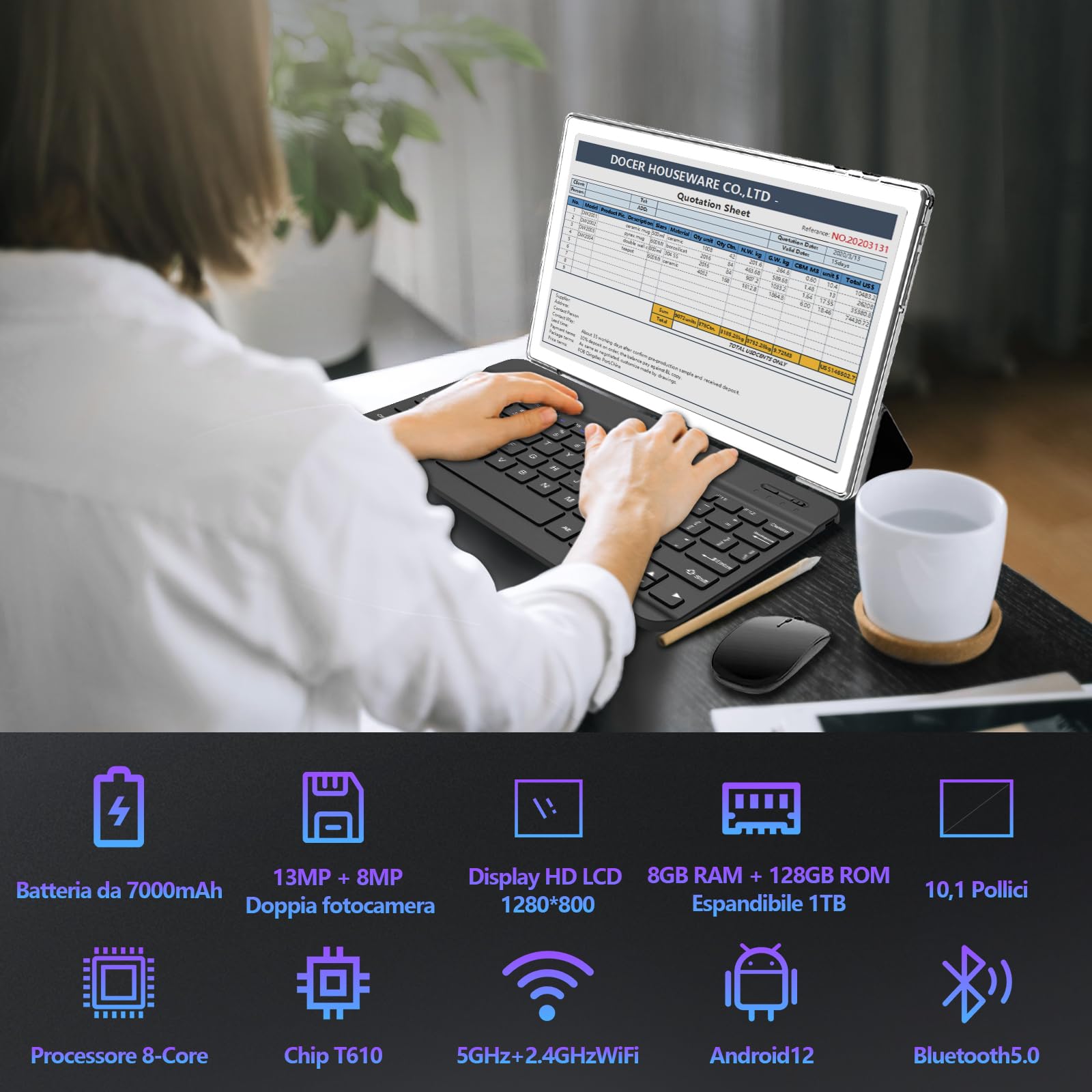 KADYBE 2025 Ultima versione Android tablet 10 pollici, 8 RAM+128GB(TF 1TB), Octa core, 5G WLAN, 8+13 MP,1080 LCD,GPS, GMS,1,8 GHz, 7000 mAh, tablet PC con tastiera e mouse,Type C-(Argenteo)