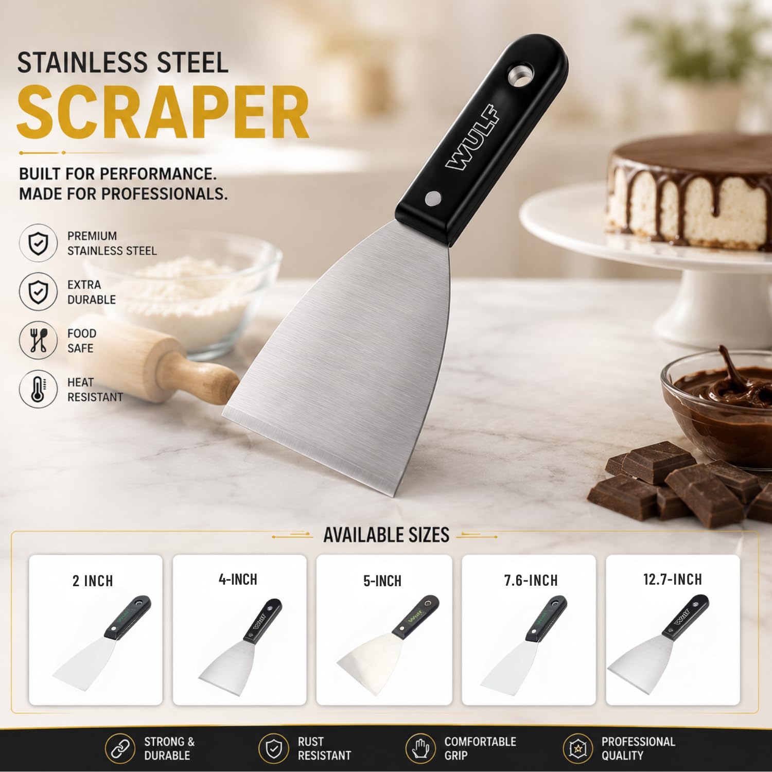 Wulf 3 Inch Heavy Duty Stainless Steel Scraper with Wooden Handle | Premium Plain Scrapper for Mixing, Cutting, Baking, Chocolate, Dough, Art & Construction Use | Professional Kitchen Tool 4