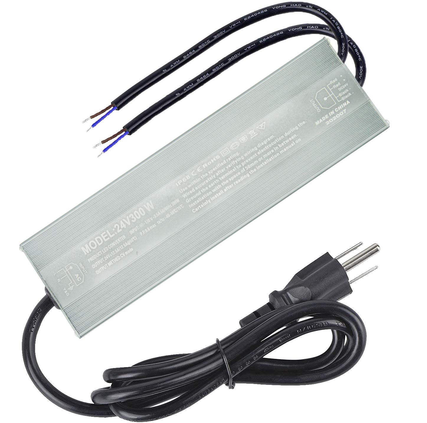 RSN LED 300W LED Driver, Waterproof IP68 Transformer, 90V-130V AC to 24V DC Low Voltage Output for L