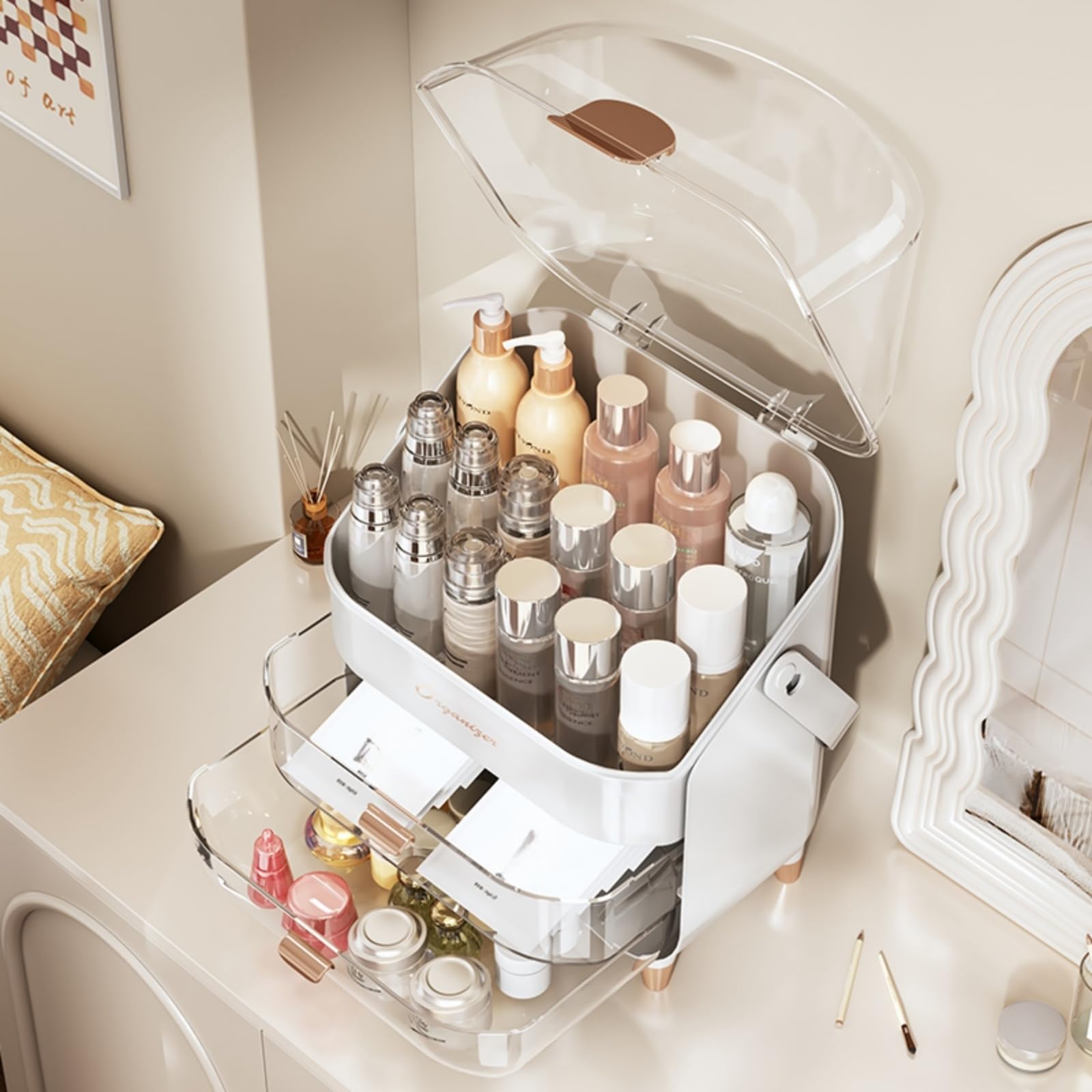 Organizador de maquillaje, organizadores para el cuidado de la piel con tapa transparente y 2 cajones y soporte giratorio de 360° para brochas