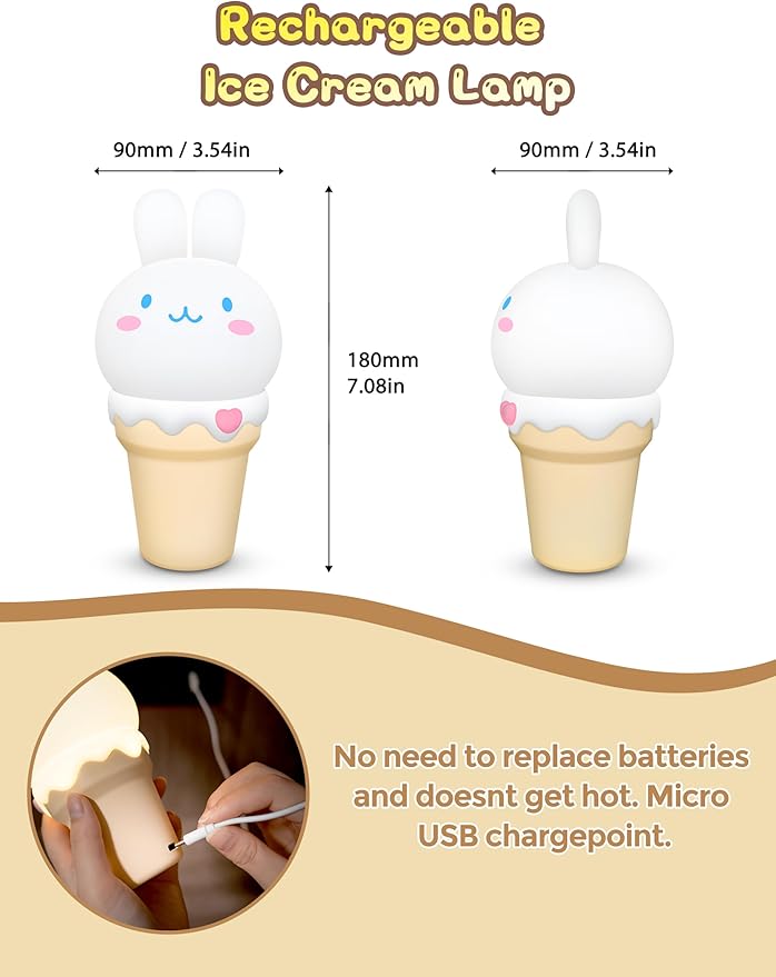 L LOHAS LED LOHAS Bunny Ice Cream Cute Night Lights, 7 Colors Kawaii Desk Decor, Pat Control and Rechargeable Base, Funny Gift, Bedroom and Nursery Décor photo 2
