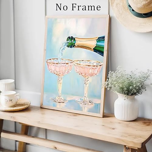Miniatura 2 de Lienzo de color champán para pared, impresiones de carrito de bar, acuarela, obras de arte de cóctel, arte de copas rosas, póster de champán pastel,