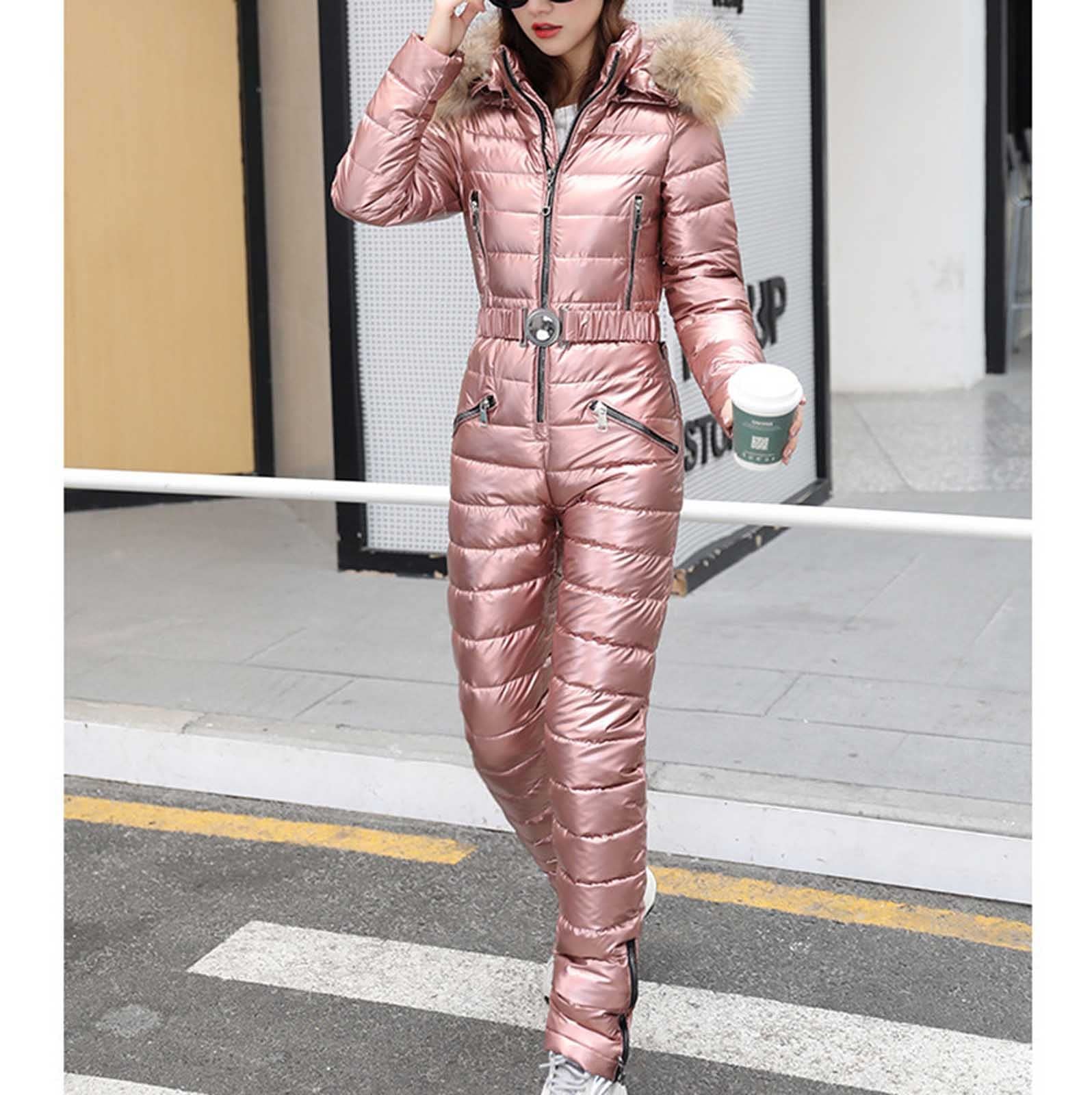 IQYU Tuta da sci da donna, tuta da neve, impermeabile, con cappuccio in pelliccia, giacca da snowboard, giacca da sci lunga, giacca da sci termica, giacca da neve calda, set da sci