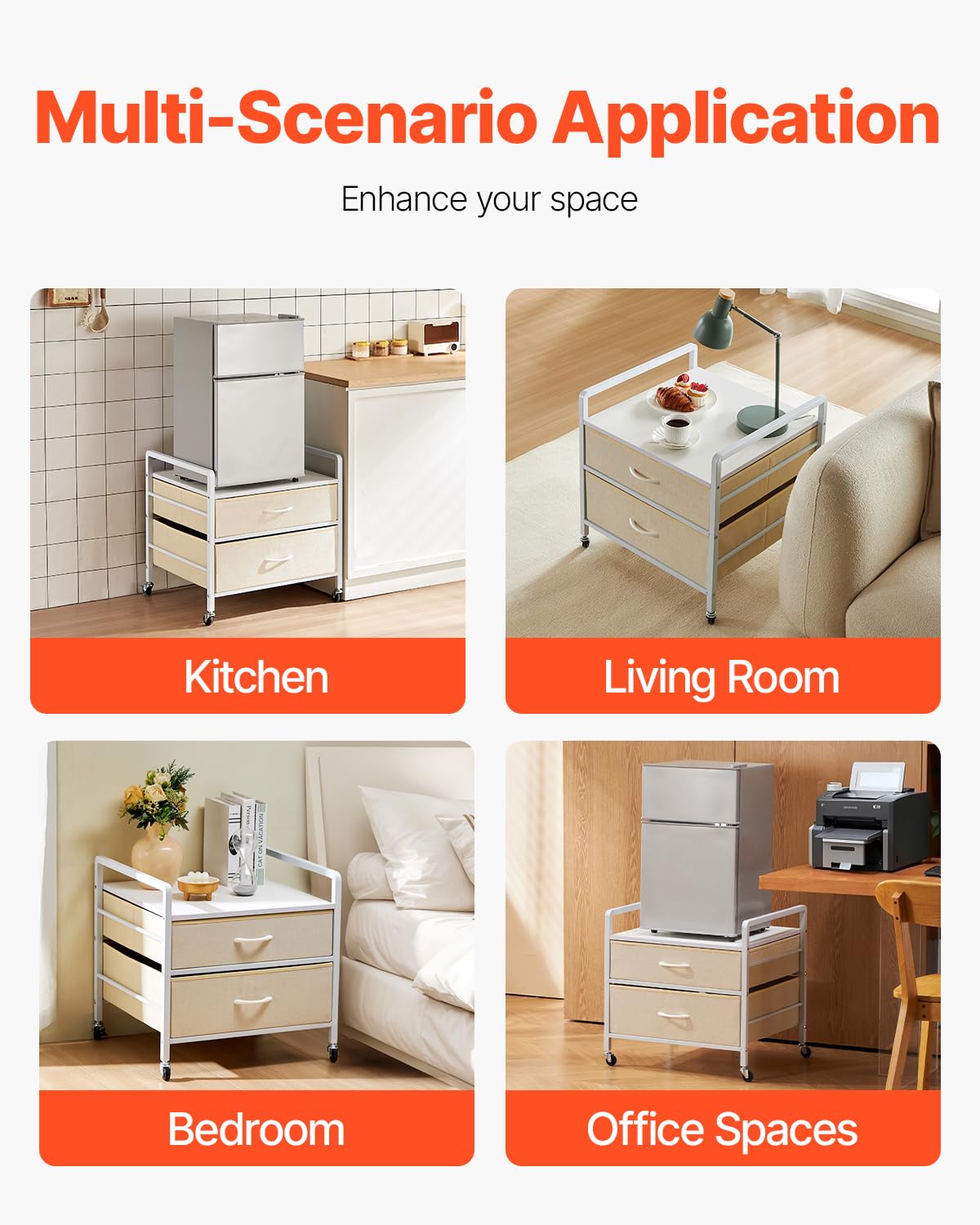 VEVOR Soporte para Mininevera con Almacenamiento, con Capacidad de 80 kg, 2 Cajones, 4 Ruedas Giratorias, Blanco, para Mininevera, para Dormitorio, Apartamento, Oficina, Dormitorio, 560 x 530 x 570 mm