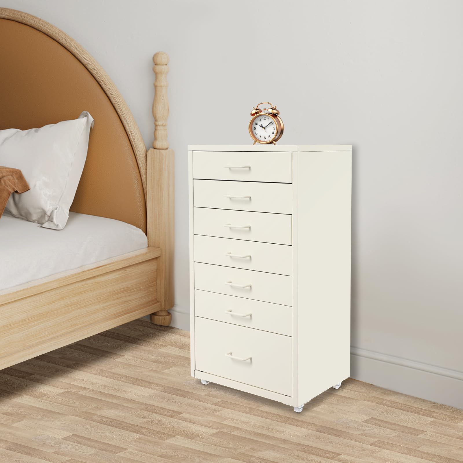 Contenitore a rotelle in metallo con 7 cassetti, Armadio per documenti mobile, Armadio per ufficio con ruote, Contenitore a rotelle Cassettiera con rotelle per casa ufficio, 35 x 26 x 69 cm (Beige)