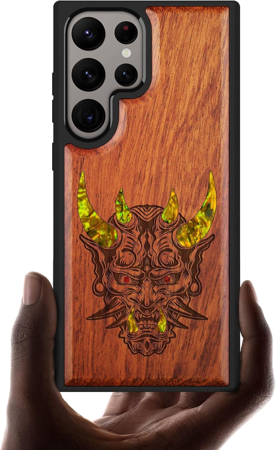Carveit Designer Wooden Case for Samsung Galaxy S24 Ultra Case [Wood Engraving & Shell Inlay] Compatible with Wireless Chargers S24 Ultra Cover (Japanese Oni Mask-Rosy)