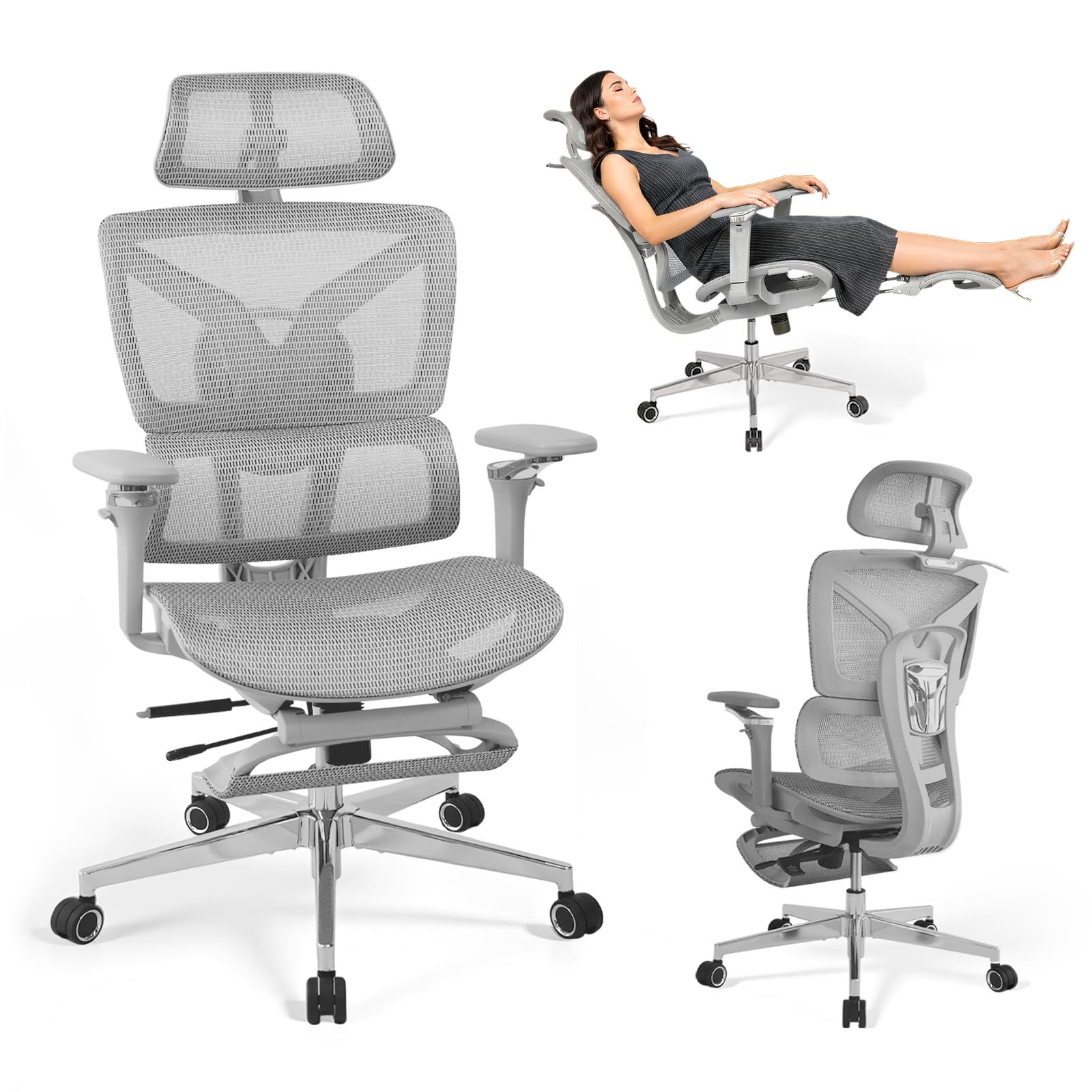 Chaise de Bureau Ergonomique Grand et Haut avec Repose-Pieds, Accoudoirs Réglables 5D, Support Lombaire, Dossier Maille Inclinable, Gris