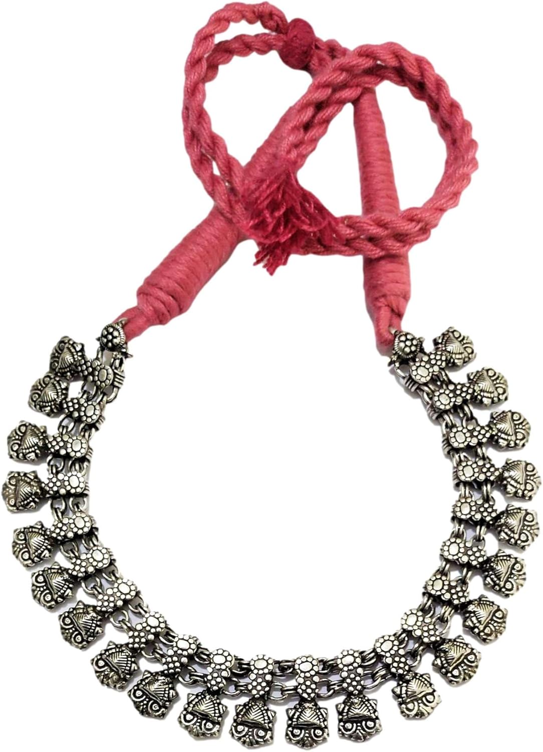 athizay Collar Necklace with pink thread drawstring Necklace with owl design beads oxidized silver Ethnic Festival jewelry for women fashion