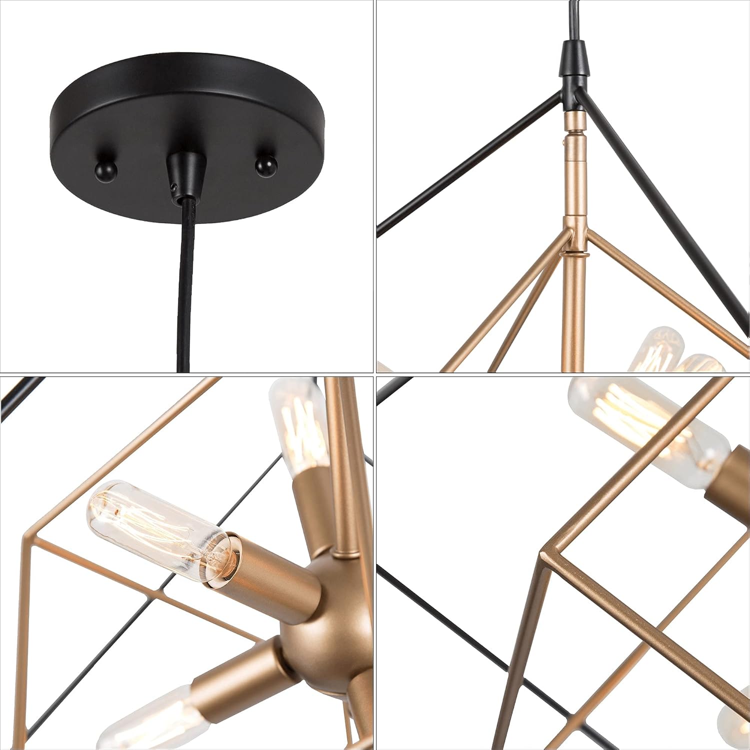 LALUZ Modern Chandelier Light Fixture, 6-Light Gold and Black Chandelier 40W, Mid Century Geometric Cube Ceiling Pendant Light for Entryway, Dining & Living Room, Bedroom, Kitchen Island, Dia 21.5" - - 