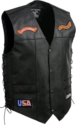 Miniatura 5 de EVENT LEATHER 6 bolsillos ELM3930 - Chaleco de cuero genuino de motocicleta para hombre, 9 parches, chalecos de motociclista con transporte oculto -