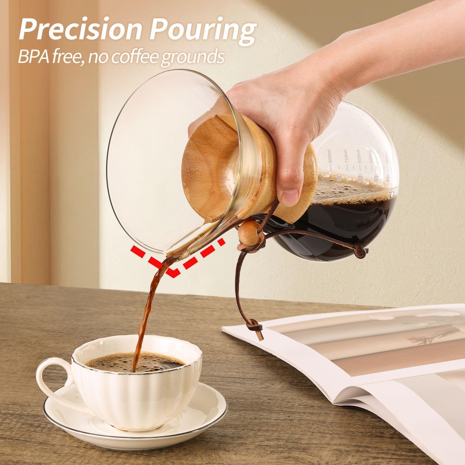 Yopinmall Pour Over Coffee Maker 27 OZ, 8 Cup Borosilicate Glass Drip Coffee Maker with Reusable Stainless Steel Filter and Cork Grip for Home Café 800 ML