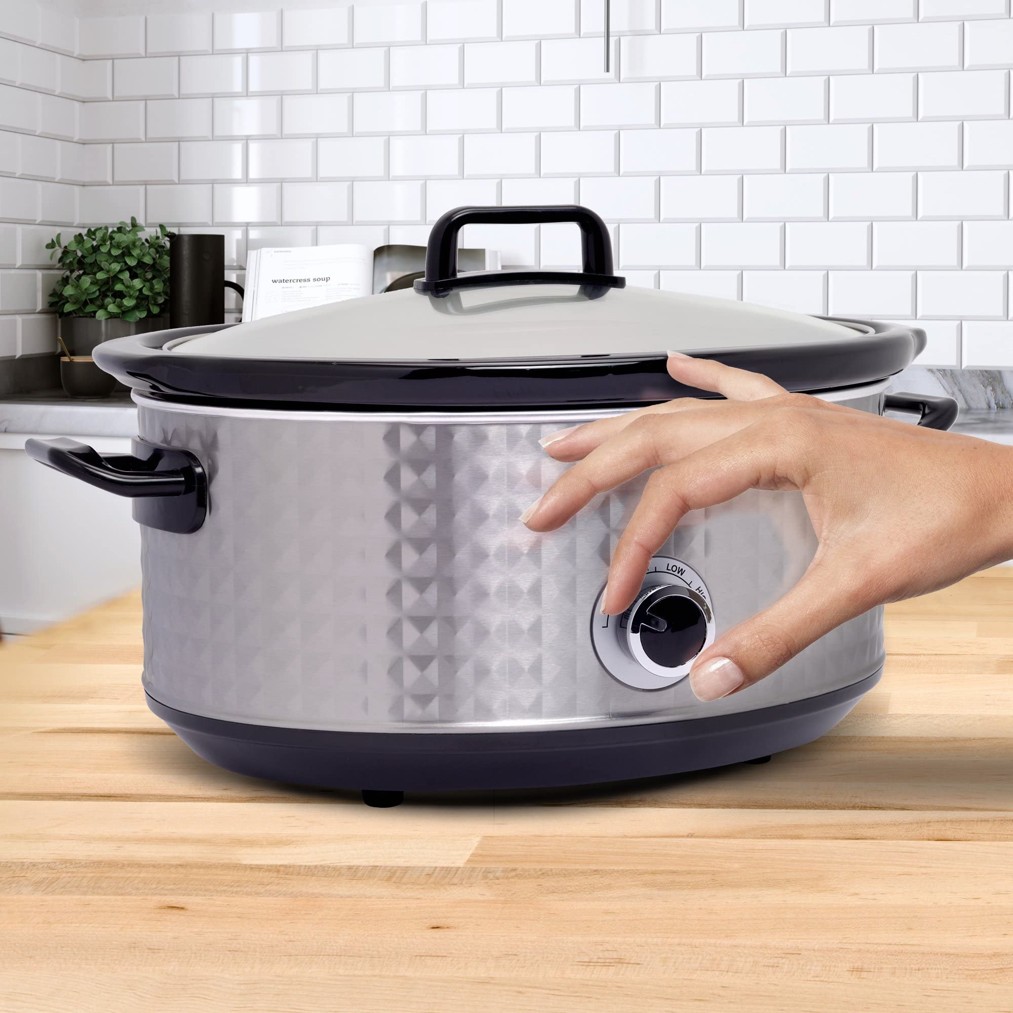 TurboTronic Slow Cooker 6,5L, silber Edelstahl, Schongarer mit Warmhaltefunktion, Dampfgarer, Schmortopf, Gartopf, Sous Vide Garer, retro Rautenmuster