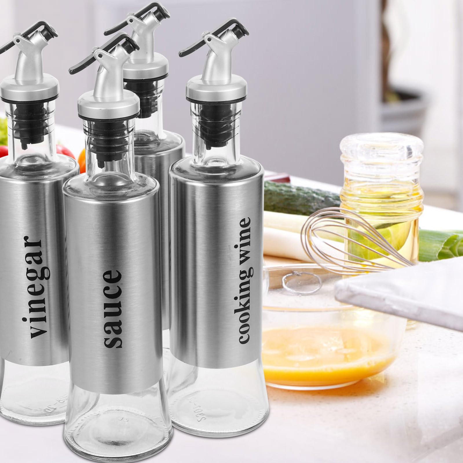 Set Design Antigoccia Oliera Dosatore in Vetro e Acciaio Inossidabile 4 Pezzi 300ml per Olio e Aceto per Cucine Domestiche ed Eleganti