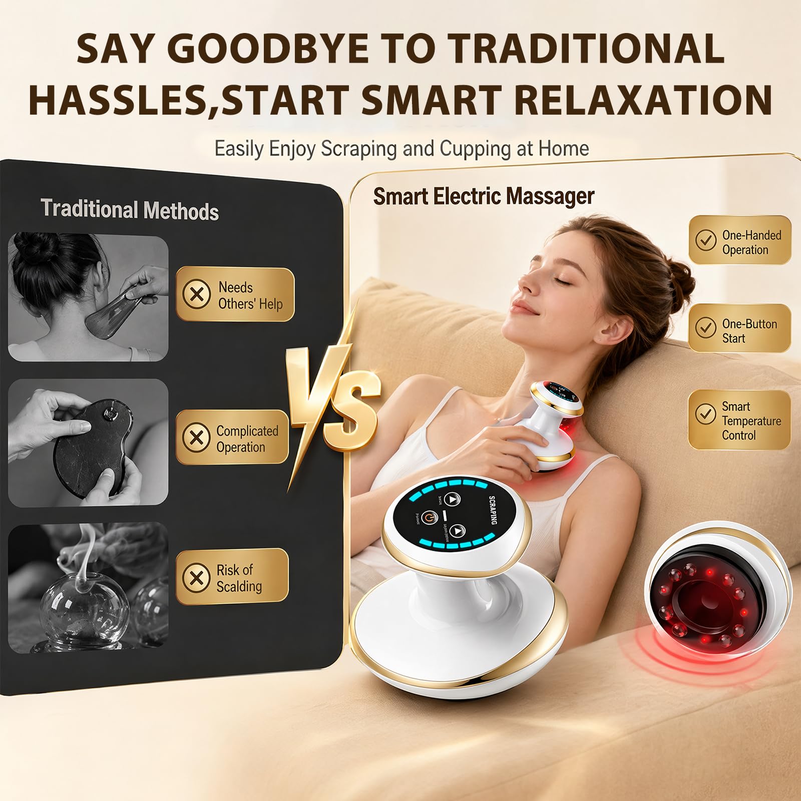 Gua Sha - Masajeador eléctrico 4 en 1 con función de calor, 6 niveles de vacío, dispositivo anticelulitis, masajeador de mano inalámbrico para promover la circulación sanguínea para espalda y cuerpo