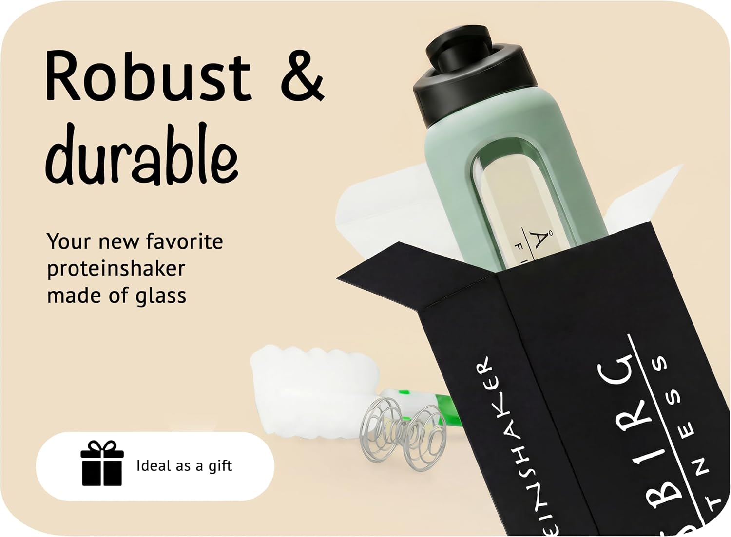 Fitness | 24 oz Glass Protein Shaker Bottle – BPA-Free, Leakproof Lid, Stainless Steel Mixing Ball & Silicone Sleeve – Gym Shaker for Smoothies, Shakes & Pre-Workout – Pastel Green