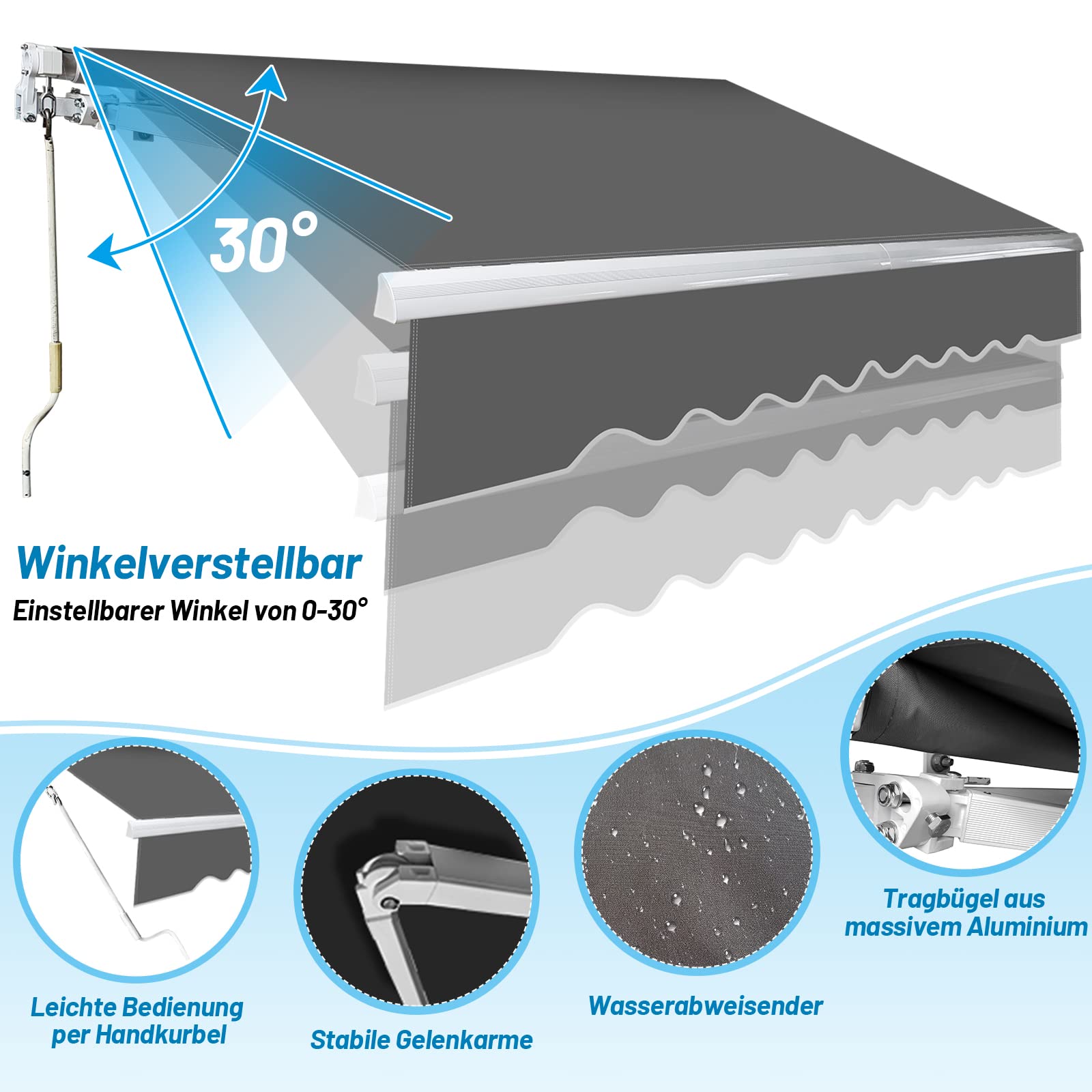 Herrselsam Toldo con brazo articulado, 300 x 250 cm, toldo retráctil con manivela, protección solar contra el agua, ángulo ajustable hasta 30 grados, requiere montaje, incluye soporte de pared, color