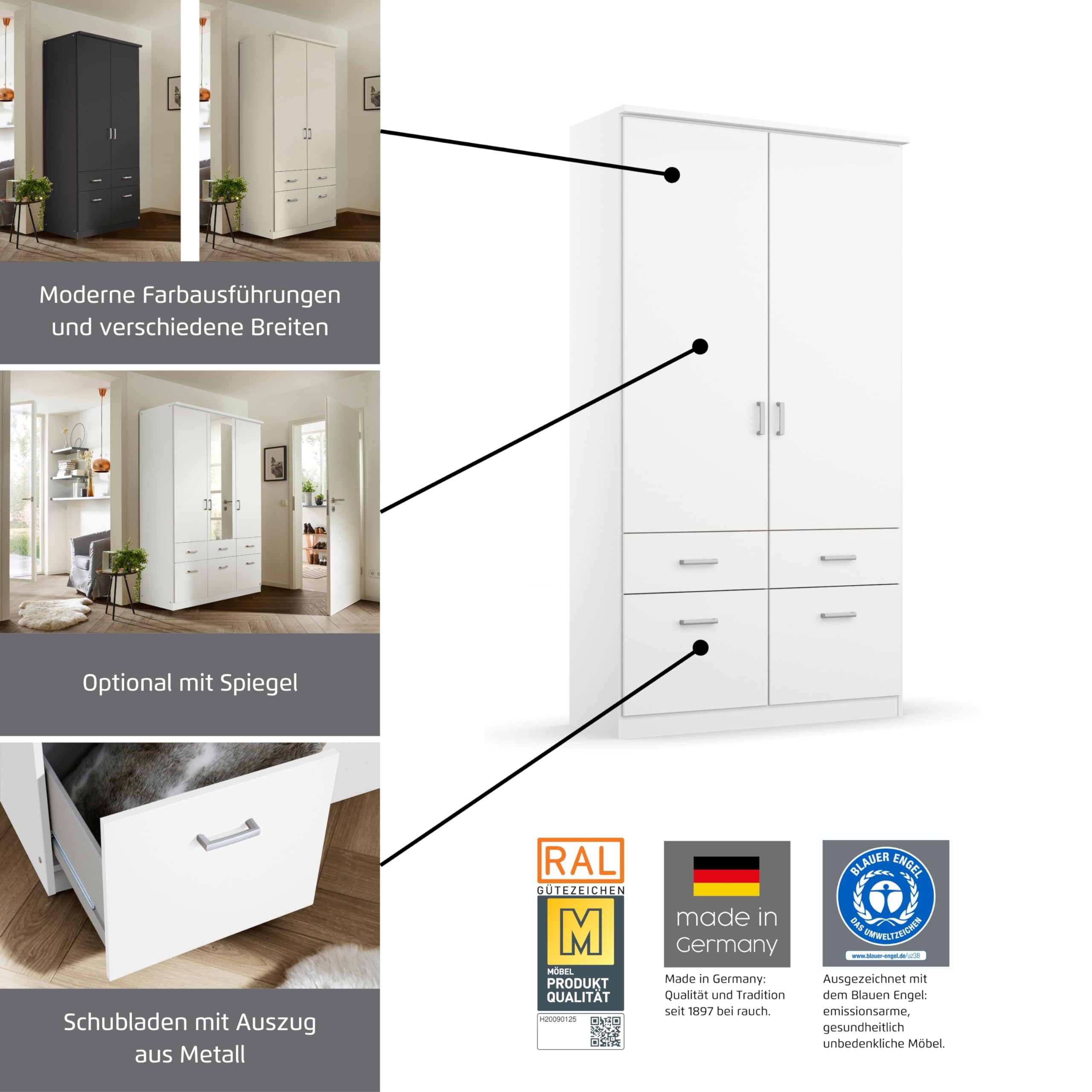 Rauch Möbel Bremen, Kleiderschrank für Schlafzimmer, Wohnzimmer, Kinderzimmer, Flur, Garderobe, 2-türig, mit 4 Schubladen, Farbe Weiß, Breite 91 cm