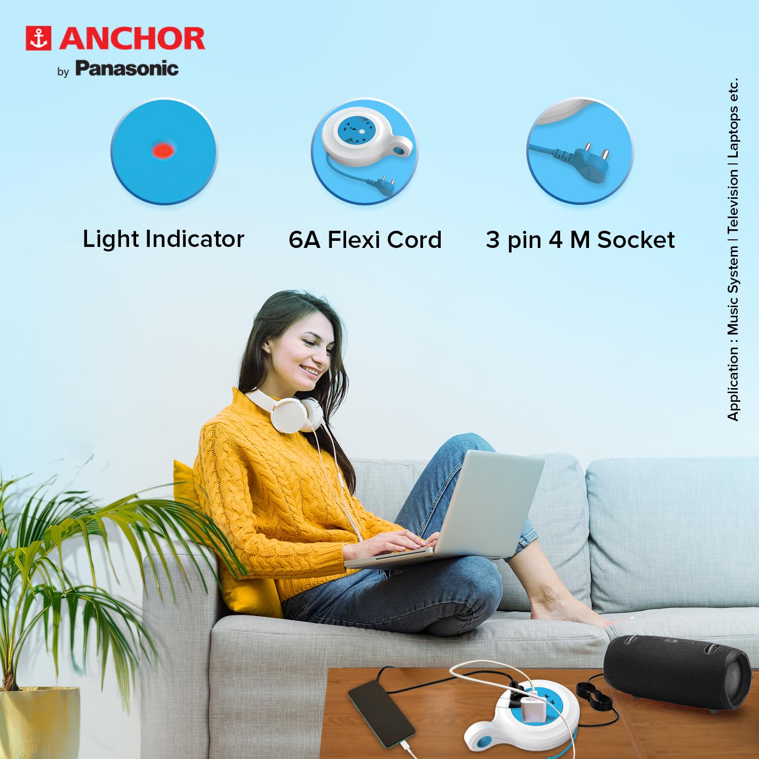 Anchor Flexicord Power Strip - 4m Cable, 6A, 240V -4 Anchor Flexicord Power Strip - 4m Cable, 6A, 240V -4