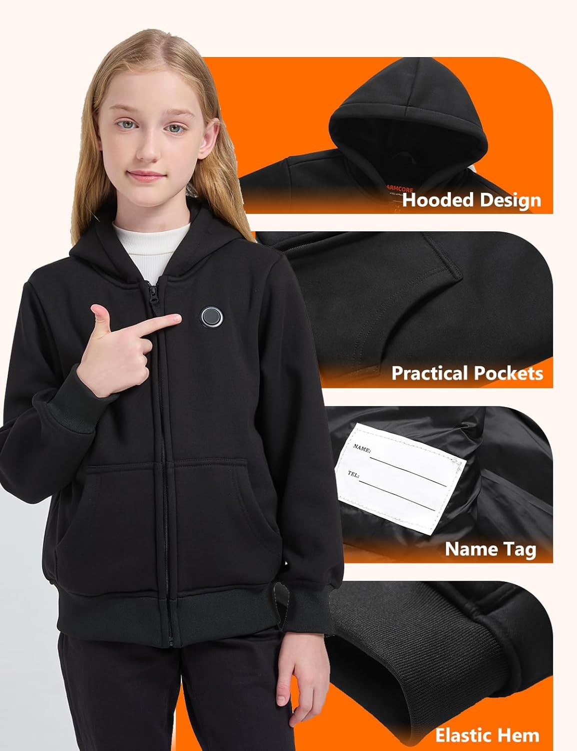 Kids Heated Hoodie with Battery–Fleece Hooded Jacket with 4 Heating Zones for Boys and Girls. - Image 3
