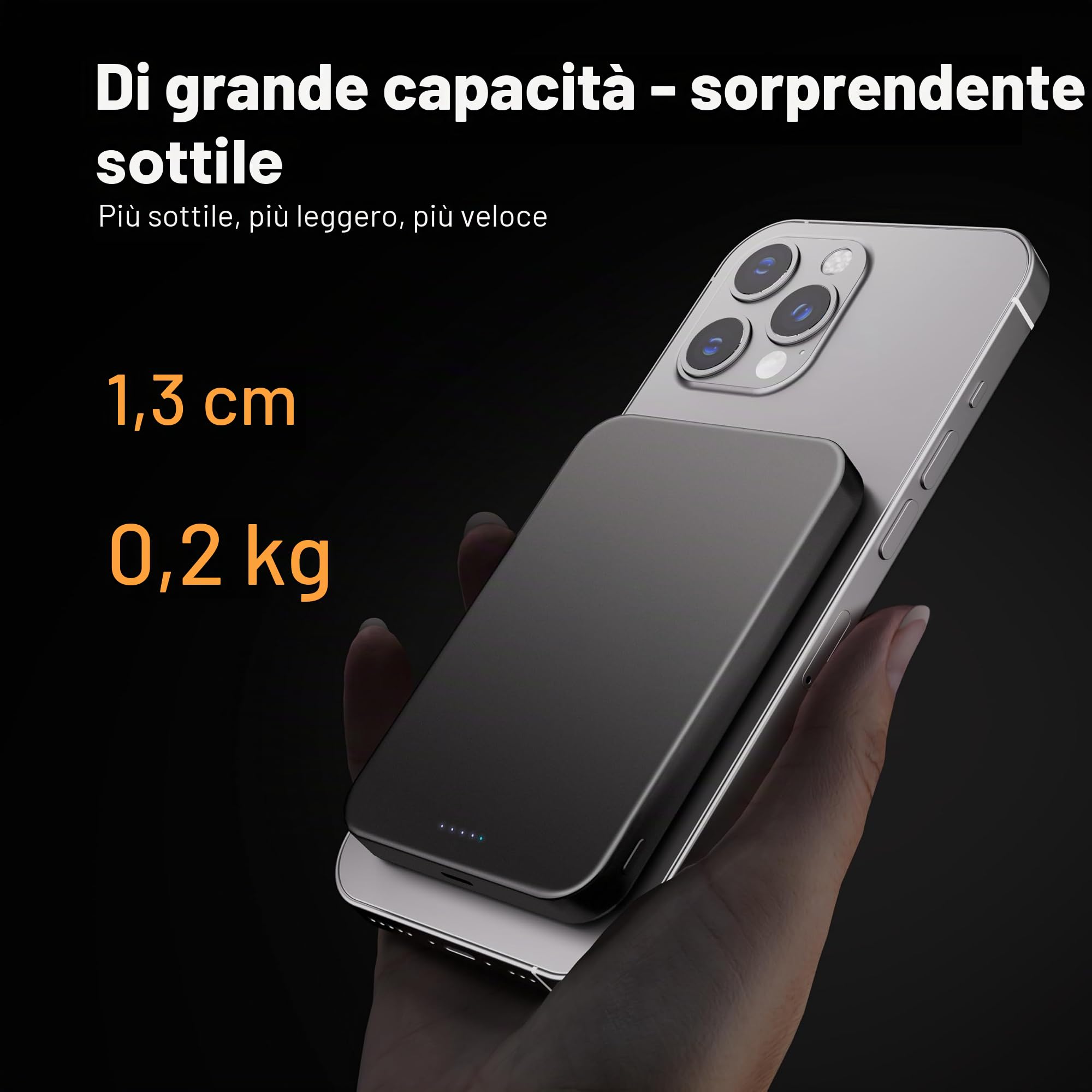 Kstime Power Bank Magnetico 10000mAh 14mm Design Titanio Ultra Sottile PD20W Caricabatterie Wireless Portatile con Ingresso e Uscita USB-C Compatibile con iPhone 17/16/15/14/13/12 Serie (arancione)