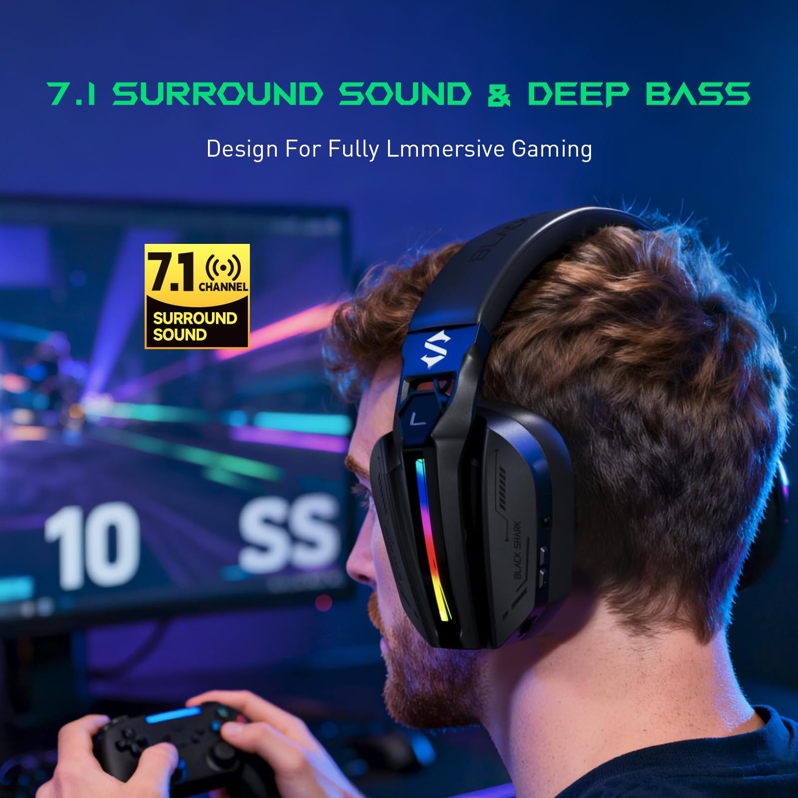 Black Shark Cascos Gaming Inalámbricos para PS5/PS4/PC/Switch, Auriculares Bluetooth 6,0 con Micrófono, 2,4GHz USB-C, Baja Latencia, Sonido Envolvente, Duración 40Hr+