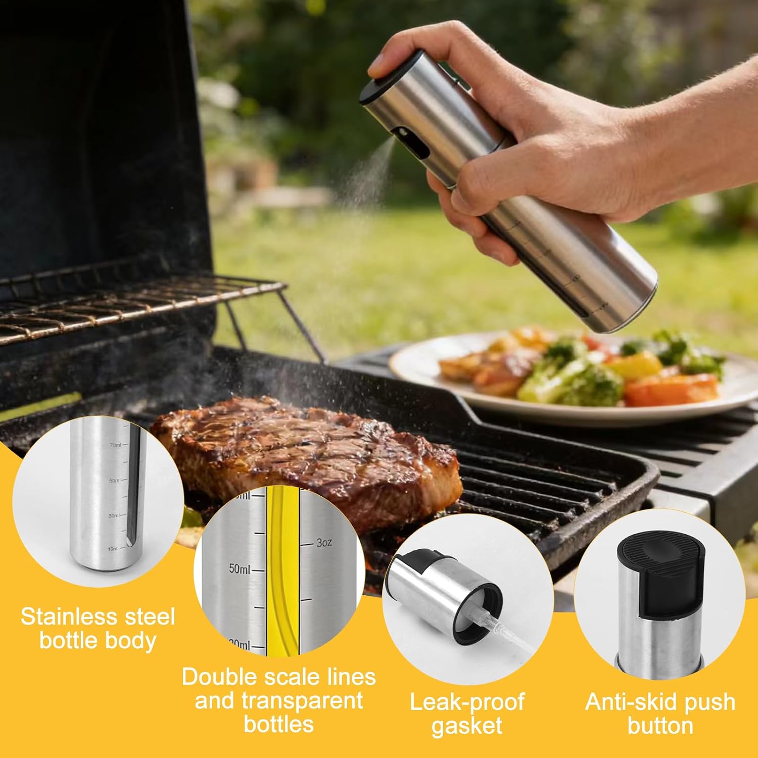 WRENYZK 2 Pcs Oil Sprayers, Oil Spray Bottles with Metal Brackets and Accessories, 100ml Stainless Steel Oil Sprayers, Used for Cooking, Salad, Barbecue and Baking