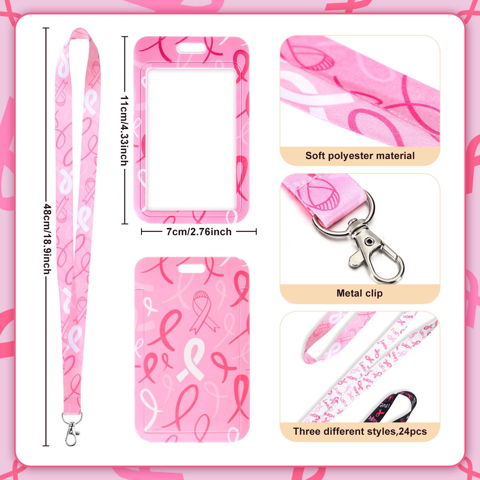 Qilery Set di 24 porta badge per la sensibilizzazione al cancro al seno, con cordini, nastro rosa, porta badge per donne, ragazze, sopravvissute al cancro, regali per eventi pubblici