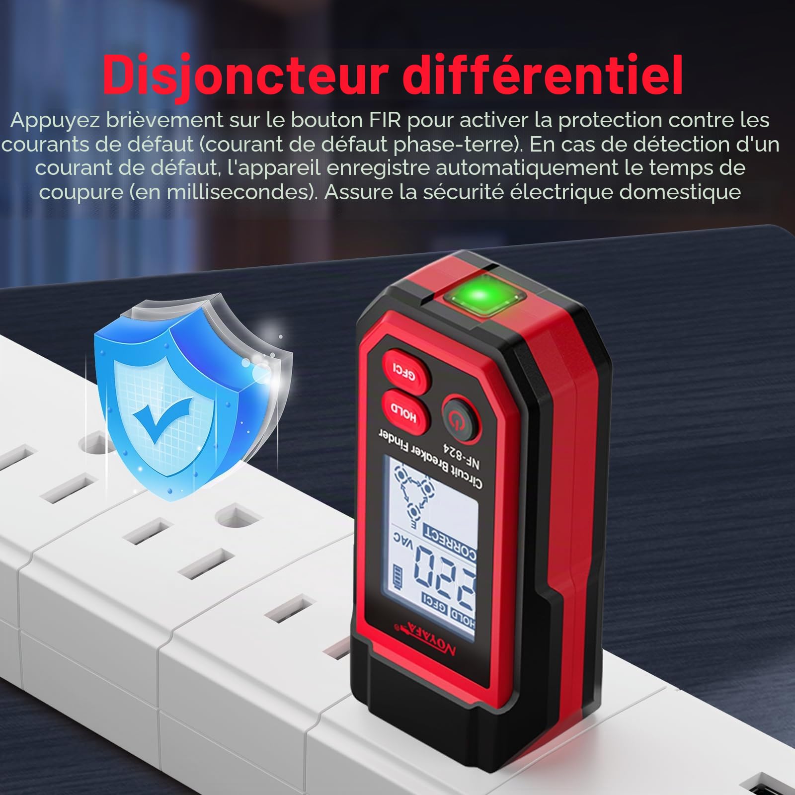 NOYAFA NF-824 Testeur de prise, détecteur de fusible, détecteur de disjoncteur avec écran LCD, testeur de tension sans contact avec 240 V, testeur de prise Schuko, testeur de phase NCV, détecteur de