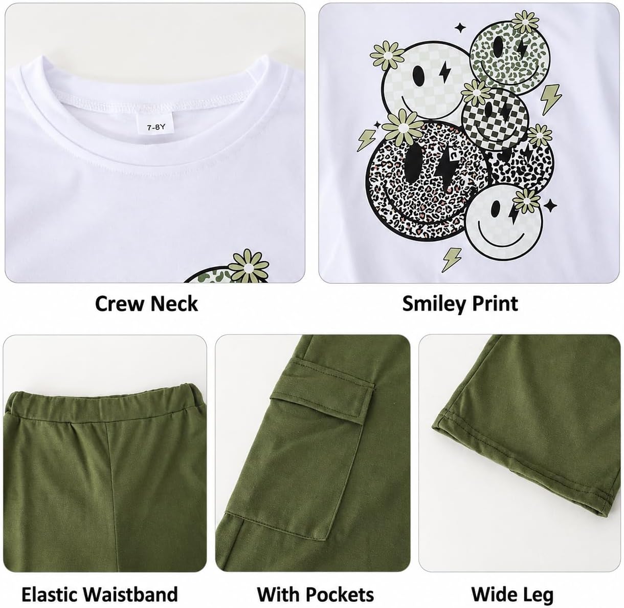 Girls Clothes 2 Piece Smiley Face Print T-Shirt Tops & Cargo Pants Spring Summer Outfits Tween Girls 7-14Y image 5