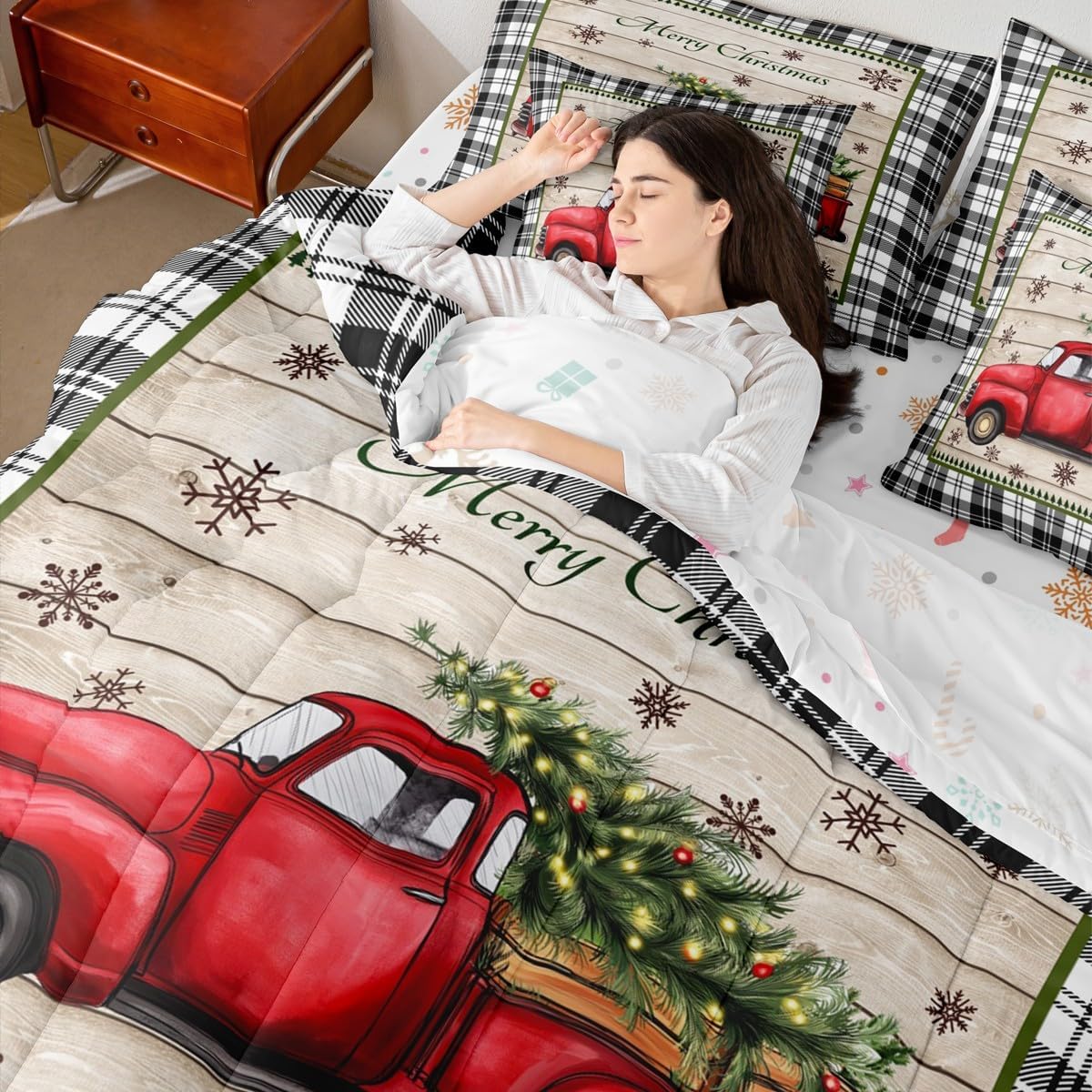 クリスマストラックキッズコンフォータークイーンサイズ、素朴な木製厚板寝具セット7点、幾何学的なグリッド雪の結晶装飾、女の子、男の子用