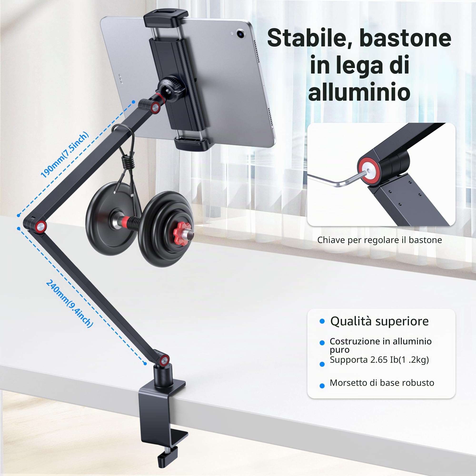 Supporto per tablet, supporto per iPad in alluminio per scrivania, braccio regolabile con base girevole a 360°, compatibile con iPad Pro/Air/Mini, iPhone, Kindle, Fire HD da 4,7 a 13 pollici