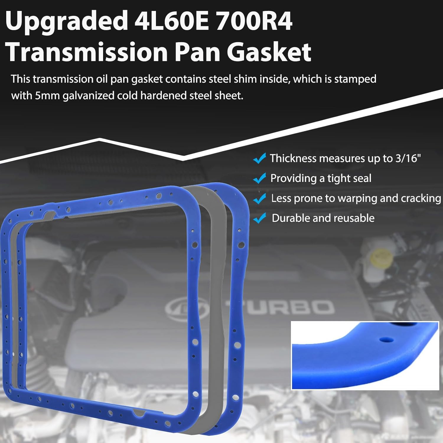 Transmission Oil Pan Gasket Fit for GM 4L60E, 700R4, Compatible with Moroso 93104. 3/16" Thick Gasket. Steel Core Reinforced Rubber, Thicker, Better Sealing, More Durable