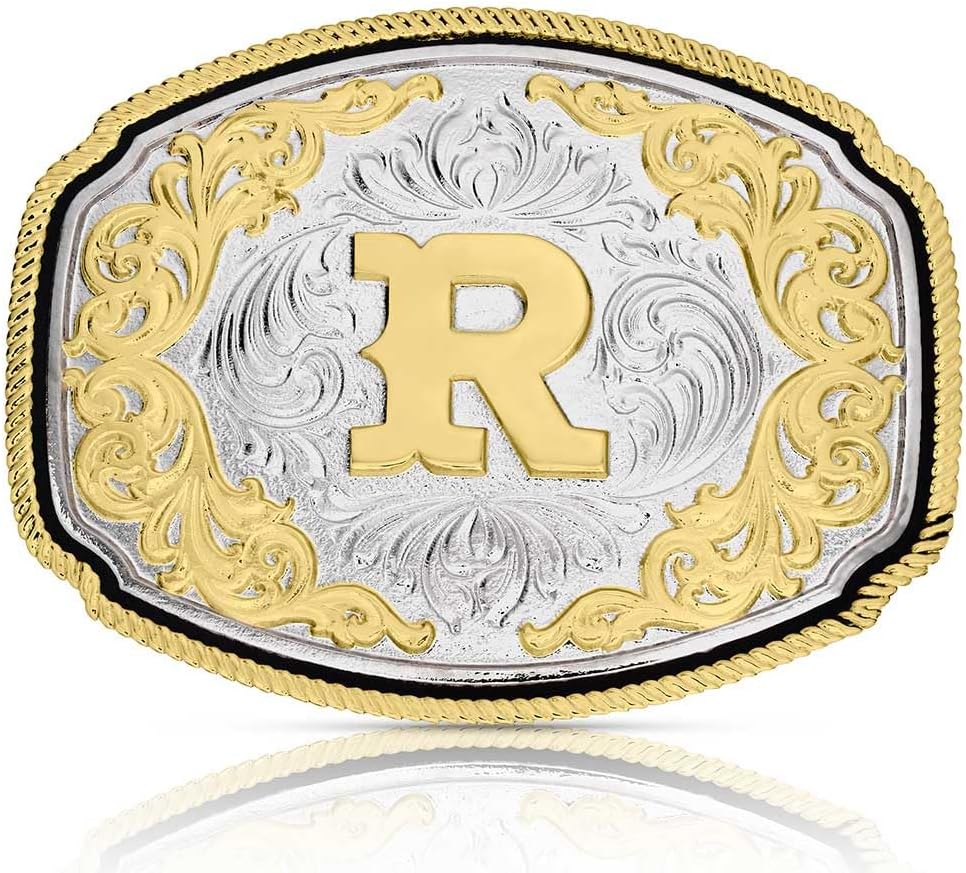 Montana Silversmiths Engraved Filigree Silver and Gold Tone Initial Rope Border Western Belt Buckle