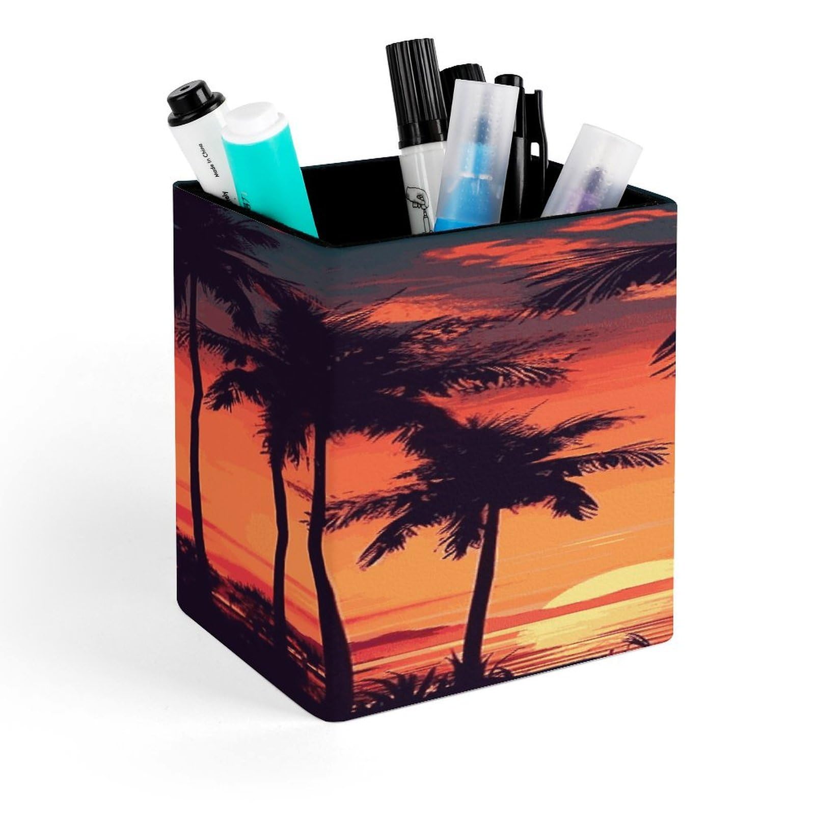 FekiLoot Palm Tree Summer Sunset Pen Holder for Desk Minimalist Leather Pencil Holder Fashion Modern Pencil Cup Decorative Square Pen Cup Locker Organizer for Office Work Locker Accessories