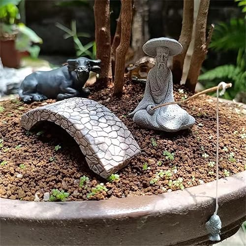 Miniatura 4 de livelyfish 2 figuras de pesca sentadas de piedra arenisca japonesa asiática, mini estatua de pescador, adorno vintage para pecera, jardín, hogar,