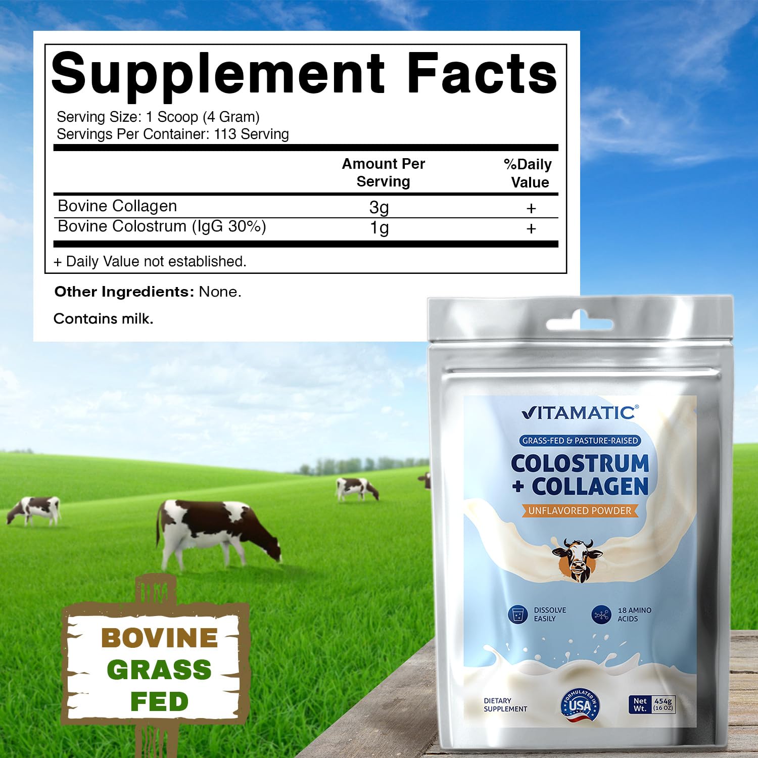 Vitamatic Bovine Colostrum + Collagen Powder - Supplement for Gut Health, Hair Growth, Beauty, Muscle Recovery, & Immune Support - Easy to Mix - Unflavored - 454 Gram, (16 oz) — Amazon image 2