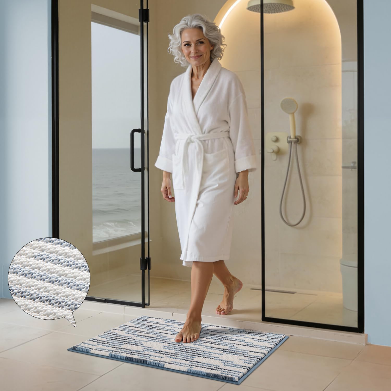 BSICPRO Bathroom Rugs Sets 3 Piece, Non-Slip Chenille Toilet Rugs with TPR Backing, U-Shaped Toilet Mat with Abstract Stripe Design, Ultra Soft Thick Absorbent Bath Floor Mats for Bathroom Washable