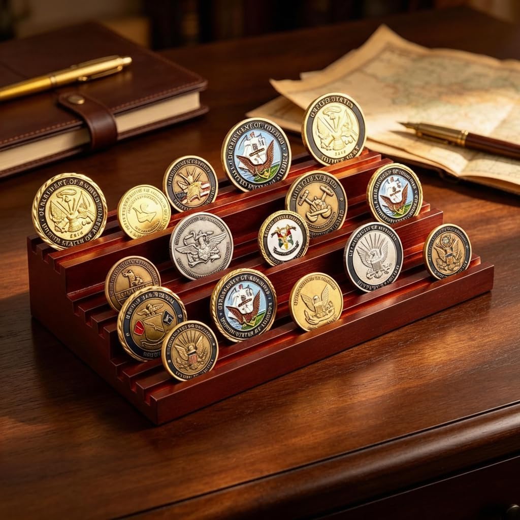 Three-Tier Challenge Coin Display Stand, Tiered 9 Row Wood Military Challenge Coin Holder Display, Coin Display Case for Challenge Coins and Medallions, Holds 45-60 Coins