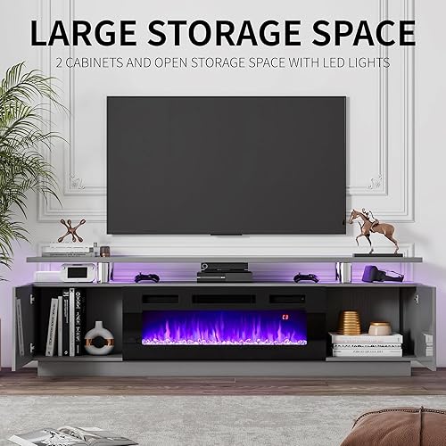 Miniatura 4 de Soporte de TV Moderno para Chimenea con Chimenea Eléctrica de 36", Consola de Medios con Acabado con Almacenamiento Abierto, Centro de Gris,Blanco