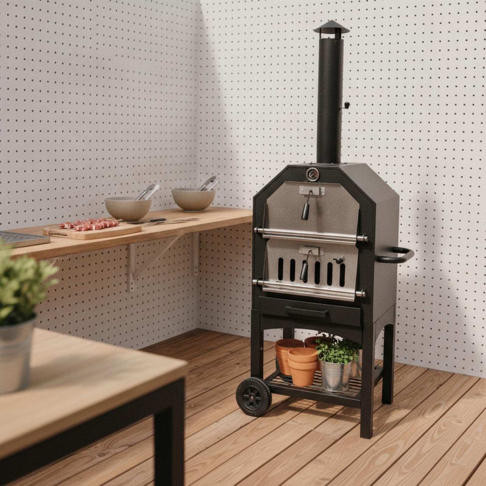 Barbecue a Carbone Outdoor Griglia Affumicatore Forno Cottura Verticale Struttura in Metallo Acciaio Inossidabile con Manico Ruota Ripiano Adatto per Cortile Patio Picnic 66x52.5x158.5cm