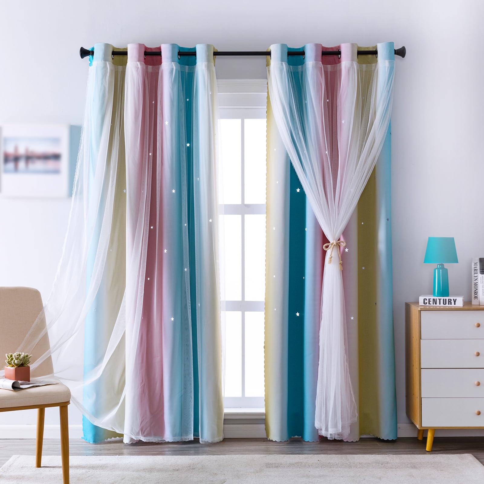 indistar Kids Curtains for Girls Bedroom Aesthetic Decor Colorful Double Layer Star Cut Out Stripe Pink Rainbow Window Wall Home Decoration Curtain,1 Panel（Green/Pink W52 x L84 inch）