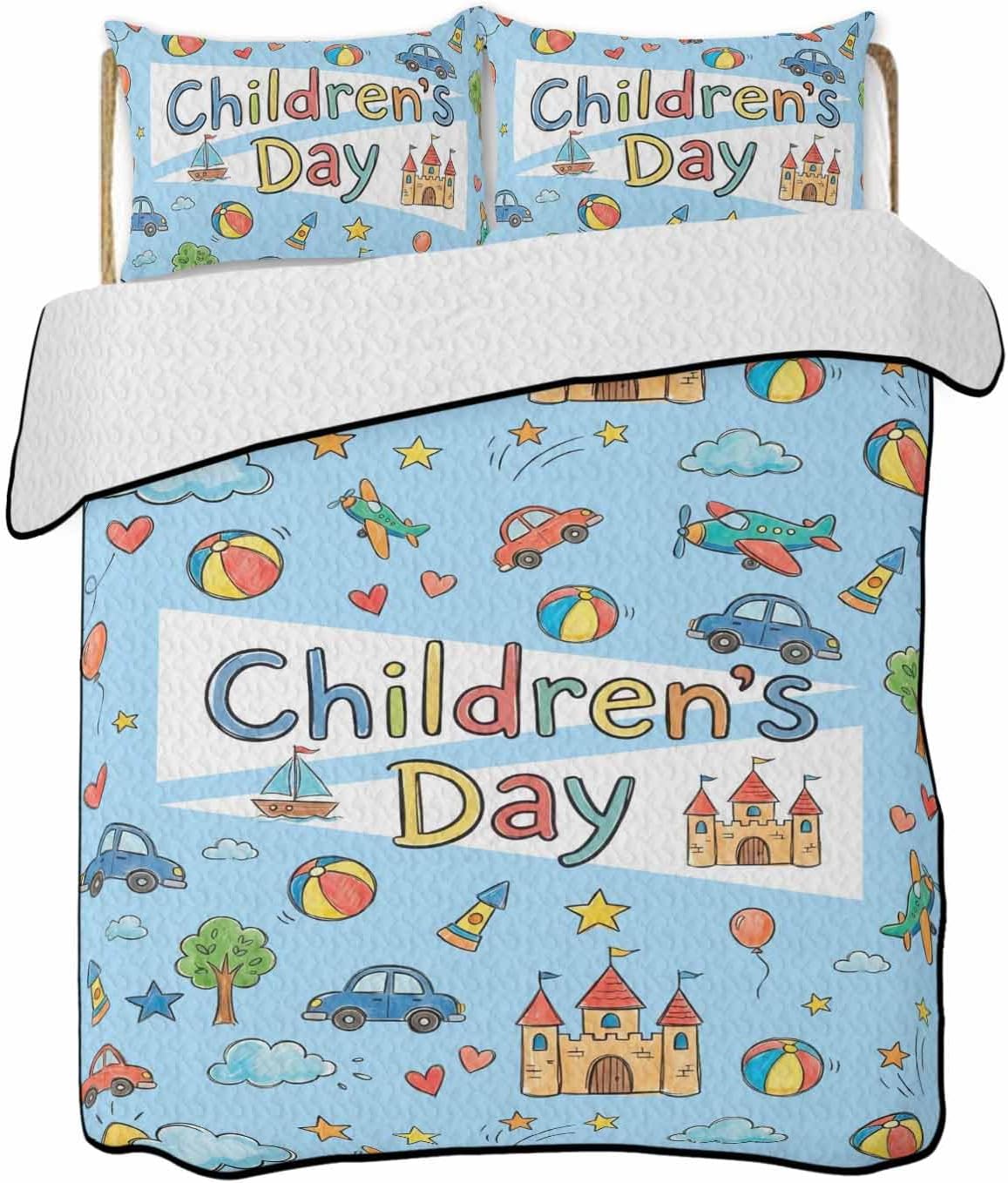Twin Quilt Bedding Set, Blue Children's Day Lightweight Summer Quilt 3 Pieces Bedding Sets, Car Tree Stars Cartoon Modern Art Reversible Soft Bedspreads Coverlets with 2 Pillow Shams for All Season