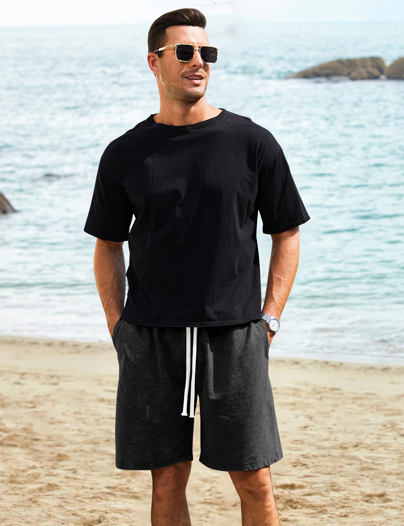 Flygo Herren-Sweatshorts, säuregewaschene Baumwolle, elastischer Bund, Kordelzug, Fitnessstudio, Workout, Joggerhose mit Taschen, 3er-Pack
