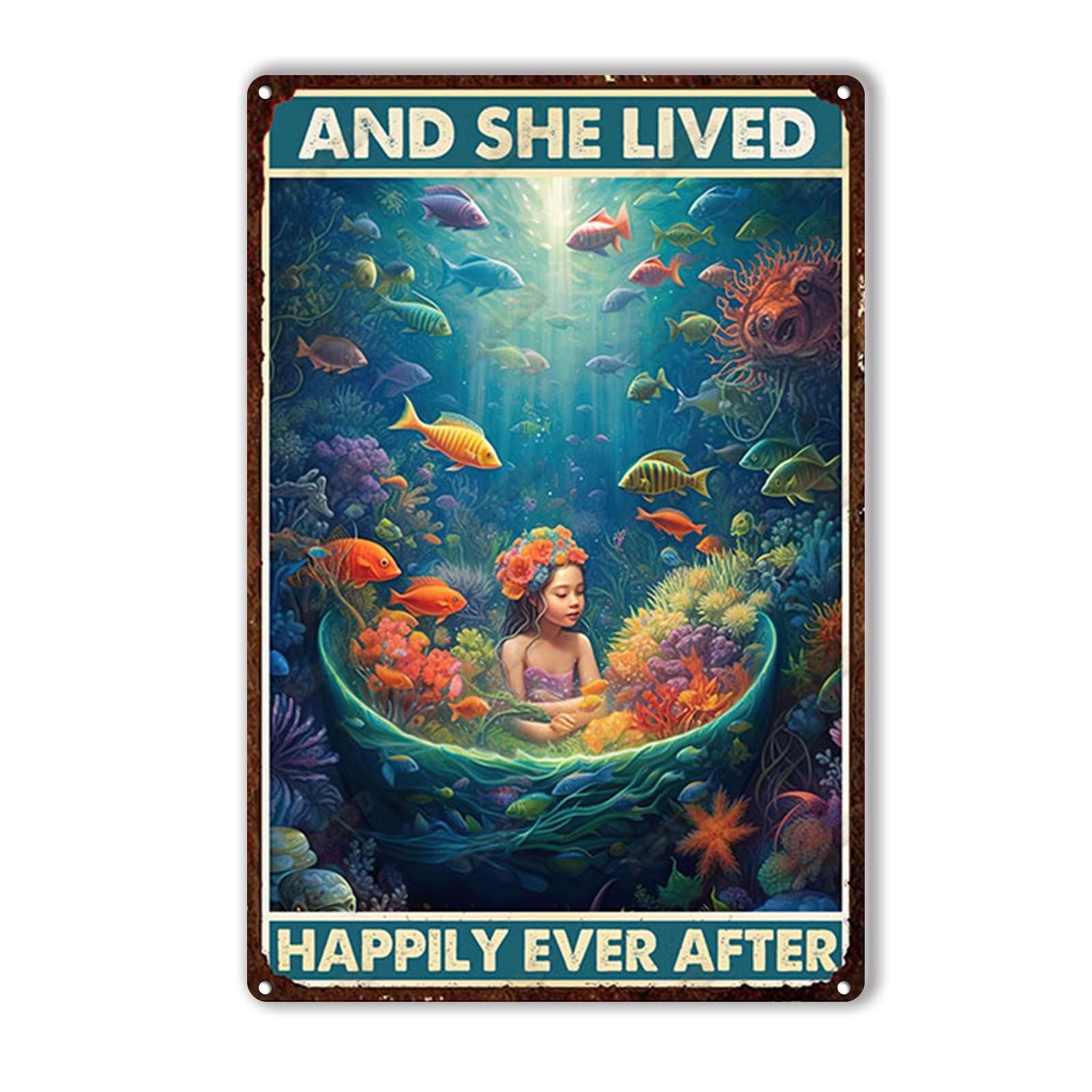 Anceky Mermaid and She Lived Happily Ever After Tin Sign Vintage Metal Sign Wall Decor for Farmhouse Home Bar Backyard Cafe 12×16 Inch