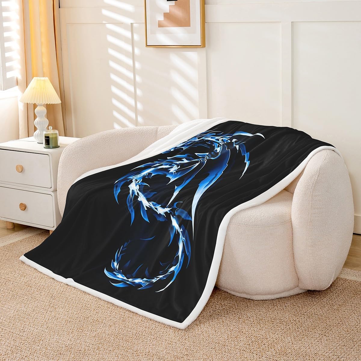 Feelyou Dragon Throw Blanket Black Blue Soft Fleece Sherpa Cozy Fuzzy Plush Warm Magical Dragon Fuzzy Plush Throw Wild Animal Twin 60"x80" for Bed Couch Living Room