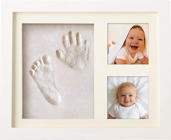 Kit Impronte Mani e Piedi Neonato, Argilla Sicura al 100% per Bambini, Cornice Ricordo in Legno Massello Potenziata per Nuove Mamme, Regalo per Baby Shower e Natale-Bianco - 1
