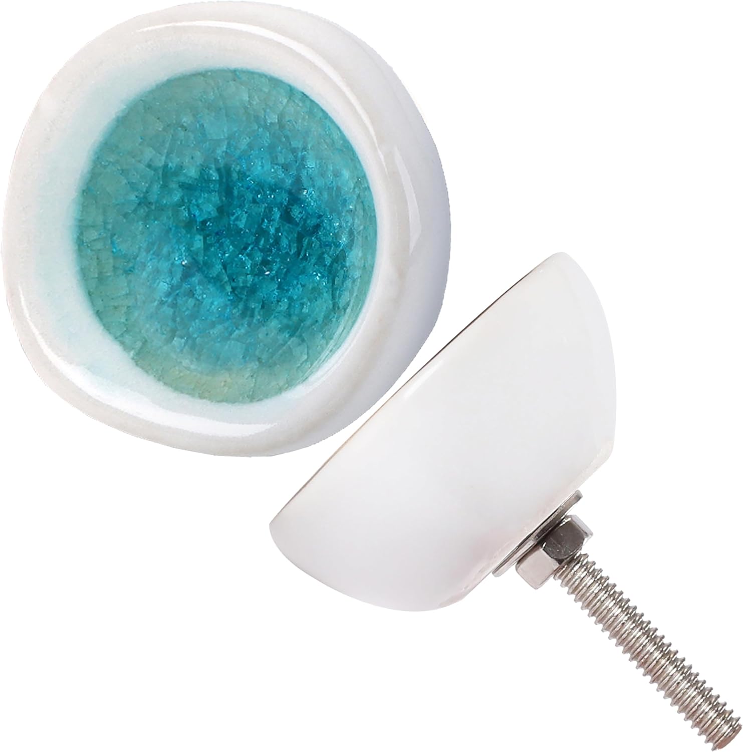 CLEENTABLE Ceramic Cabinet Knobs 12-Pcs -1.5" Round with Reversible Heavy Duty Metal Back Plate, Modern Drawer Pulls for Kitchen, Dresser, Wardrobe, Cupboard, Furniture, Home Decor (Teal White)