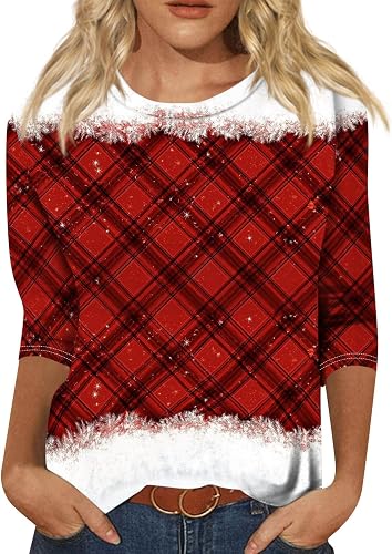 Christmas Tshirts Women 3/4 Sleeve Xmas Holiday Casual Festive Top