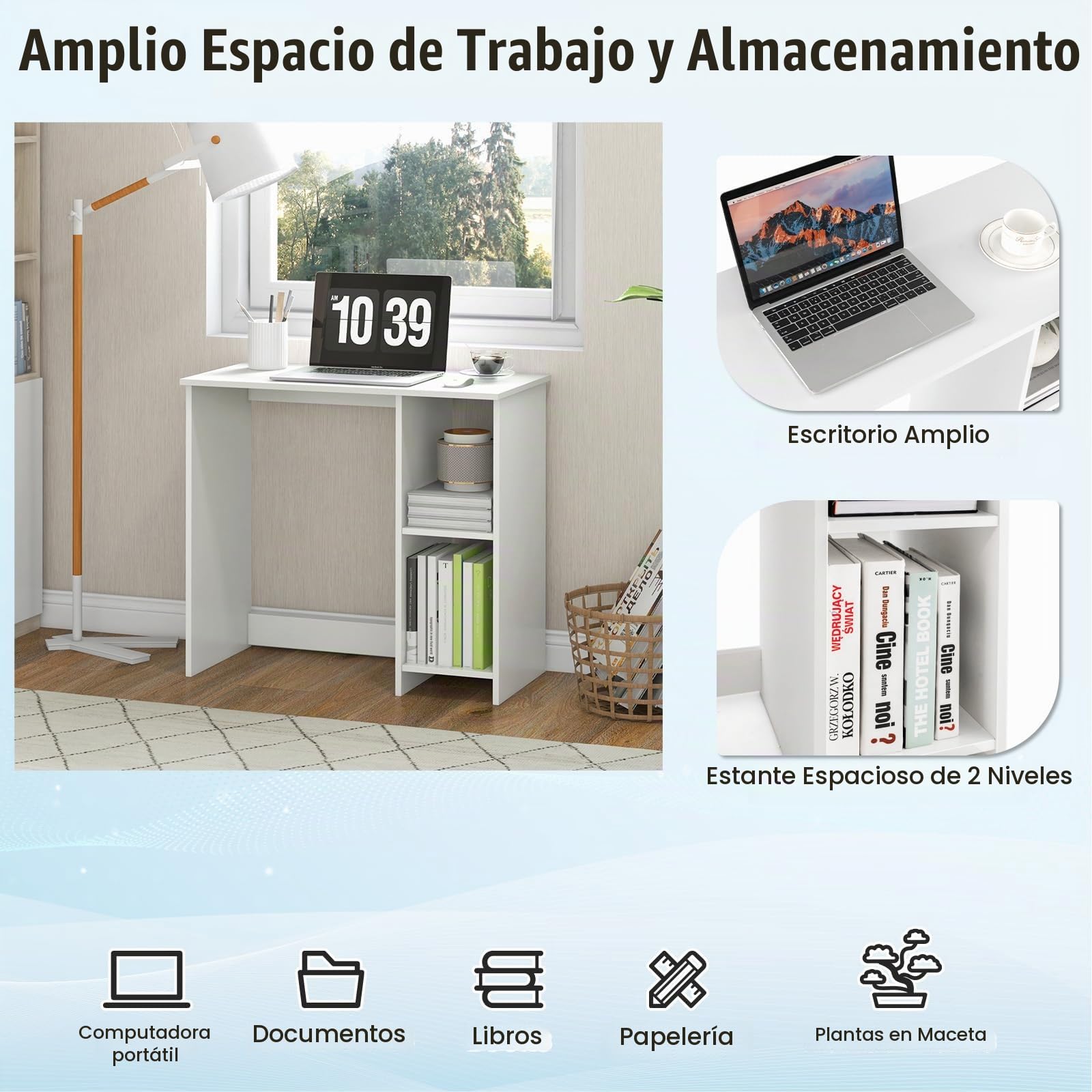 LIFEZEAL Escritorio de Oficina Blanco con 2 Estantes (Blanco)
