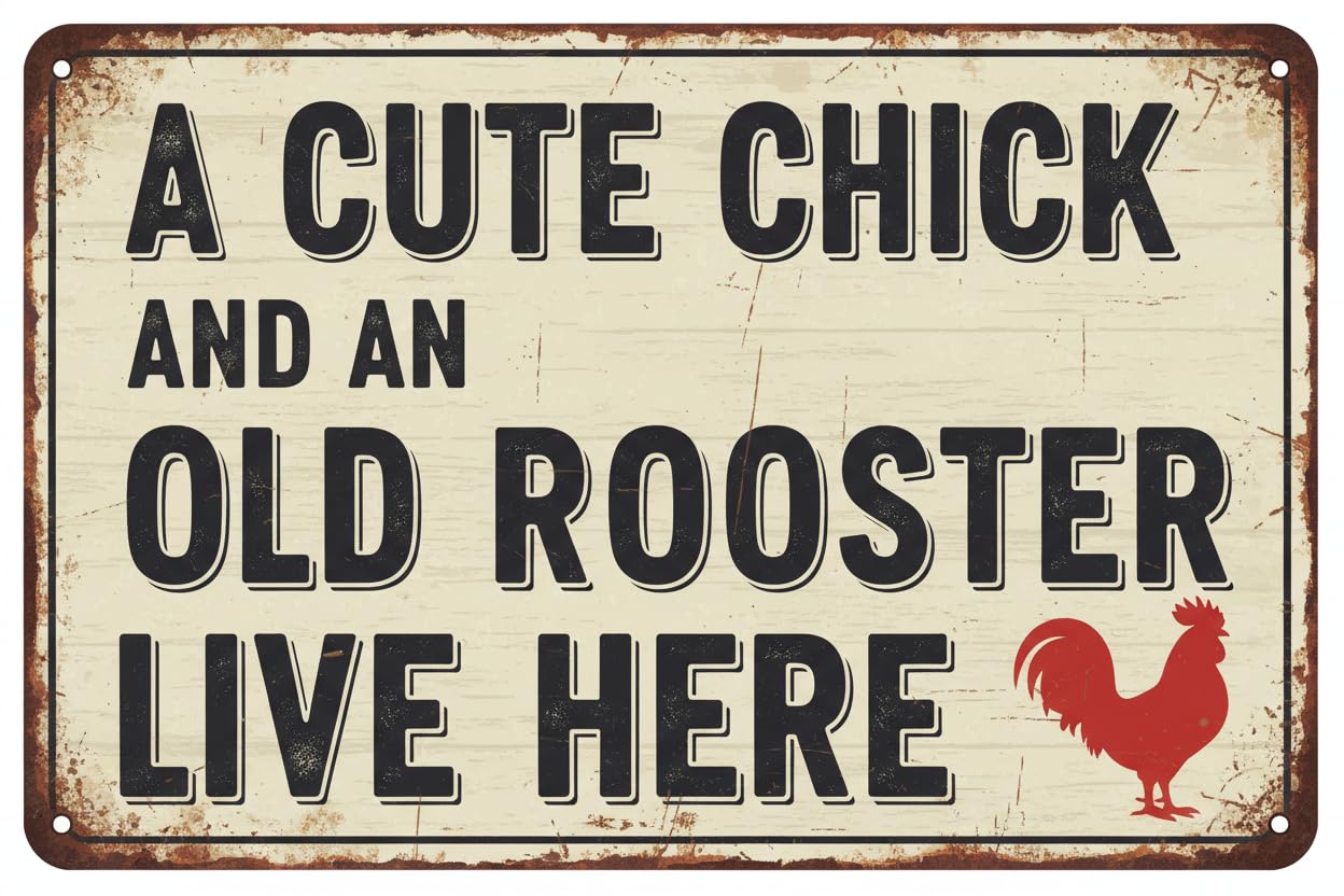 A Cute Chick & An Old Rooster Live Here Rustic Primitive Metal Sign 12"x8" Vintage Signs Aluminum Plates Printed